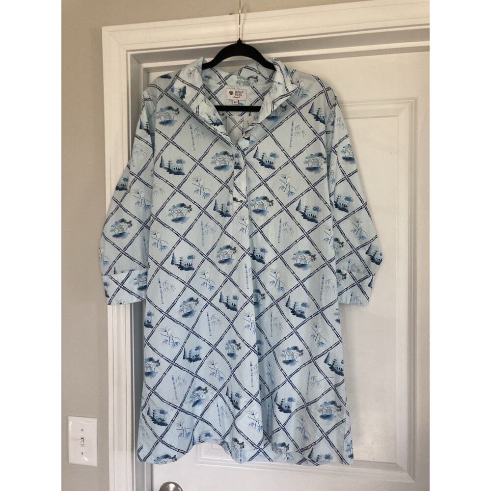 Holly Shae Shirt Dress M/L Blue Shell Asian Coastal Shift Resort Preppy Vacation